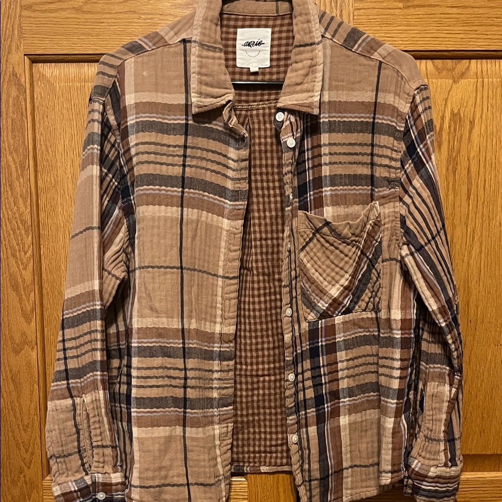 Aerie Checkered Button Down Shirt - Brown and Tan